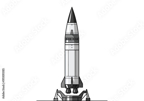 Illustration of a white rocket with black tip and fins on a launchpad with separate rocket boosters