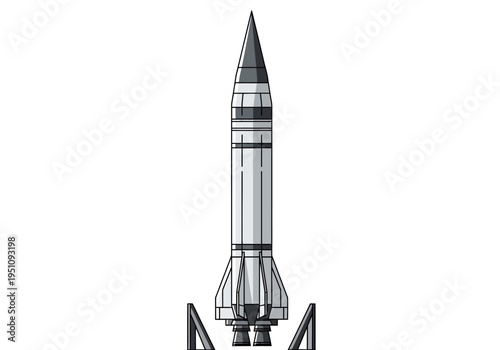 Detailed illustration of a powerful, multi-stage rocket poised for launch, featuring intricate design elements and powerful thrusters for interstellar space exploration missions