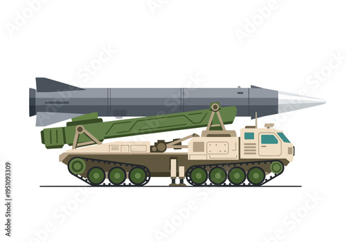 Robust military tracked launcher vehicle carrying a powerful long-range ballistic missile, a key component of modern ground-based defense technology