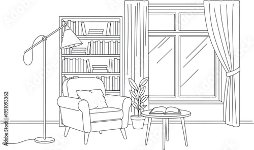 Line art illustration of a cozy and inviting reading corner, depicting a comfortable armchair, a floor lamp, a packed bookshelf, and a small table with an open book beside a window.