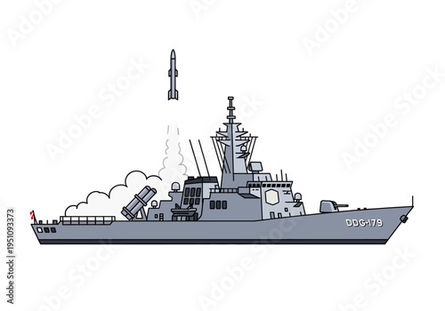 Modern warship engaging in a powerful missile launch operation, showcasing advanced naval defense capabilities and maritime military strength in a dynamic combat scenario