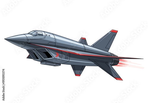 Dynamic illustration of a sleek, advanced military fighter jet soaring through the sky, showcasing its futuristic design, powerful afterburners, and readiness for aerial combat maneuvers