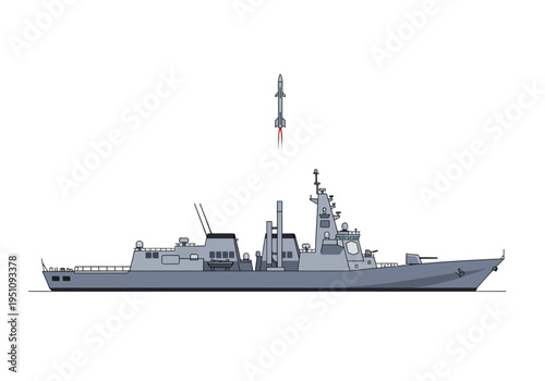 A modern naval warship, likely a destroyer or frigate, actively launching a powerful missile into the sky, symbolizing advanced military technology and maritime defense capabilities