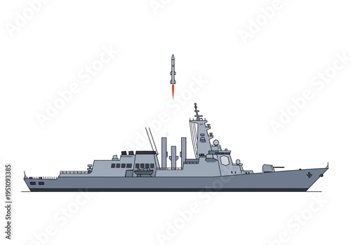 Illustration of a military warship launching a missile into the sky