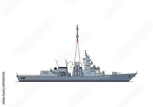 Illustration of a modern military naval destroyer ship with radar mast and armament