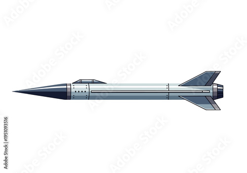 Sleek silver-blue guided missile illustration, highlighting its aerodynamic design and technological precision, isolated on a white background, ideal for modern defense projects