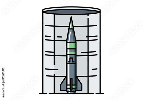 Stylized vector illustration of a powerful ballistic missile housed within a secure, protective underground silo, symbolizing advanced military technology and strategic defense capabilities