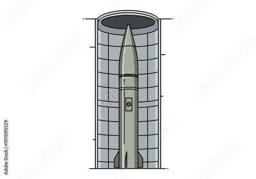 Depiction of a large intercontinental ballistic missile housed within an underground launch silo, ready for deployment or display, symbolizing modern military power and strategic defense capabilities