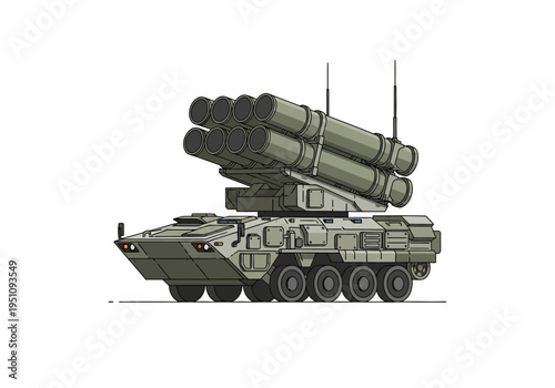Illustration of a powerful military vehicle featuring a self-propelled multi-tube missile launcher system, representing modern ground combat and defense capabilities with advanced weaponry