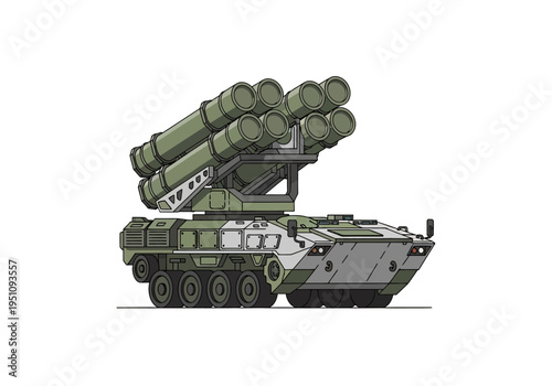 Detailed illustration of a modern armored self-propelled multiple rocket launcher, a formidable military combat vehicle for advanced tactical defense operations