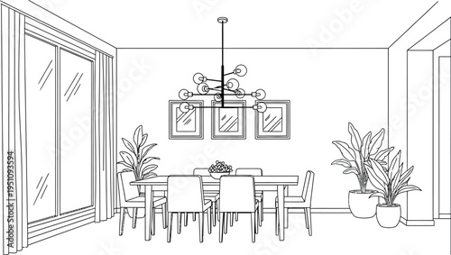 Elegant and spacious modern dining room interior depicted in simple outline style, showcasing a large table, multiple chairs, plants, a creative chandelier, and wall decor.