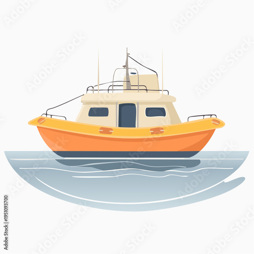 Orange and white small boat on calm blue water, nautical vessel