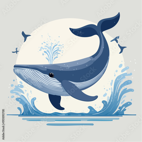 Majestic blue whale breaching ocean waves with seabirds flying around