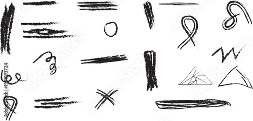 A collection of various hand drawn charcoal or graphite pencil strokes and artistic doodle marks Vector.