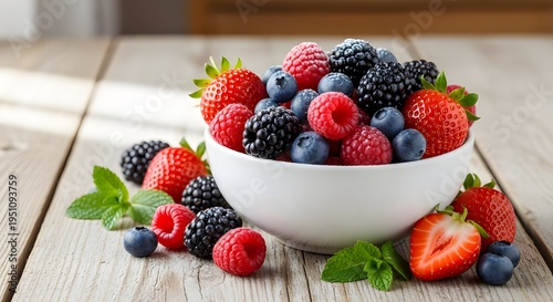 Fresh mixed berries in a bowl on wooden table 