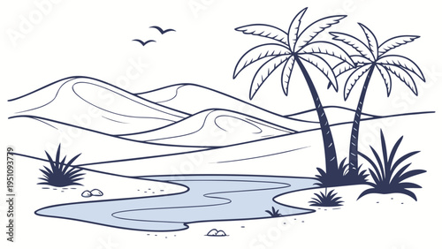 Minimal Desert Oasis with Palm Trees and Pond Vector