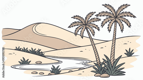 Minimal Desert Oasis with Palm Trees and Pond Vector