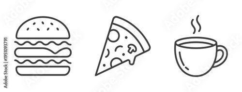 Fast food icons: burger, pizza slice, and coffee cup