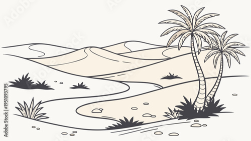 Minimal Desert Oasis with Palm Trees and Pond Vector