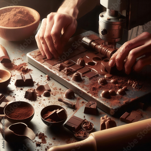 Artisan chocolatier expertly crafts gourmet chocolates, filling molds with rich melted dark chocolate