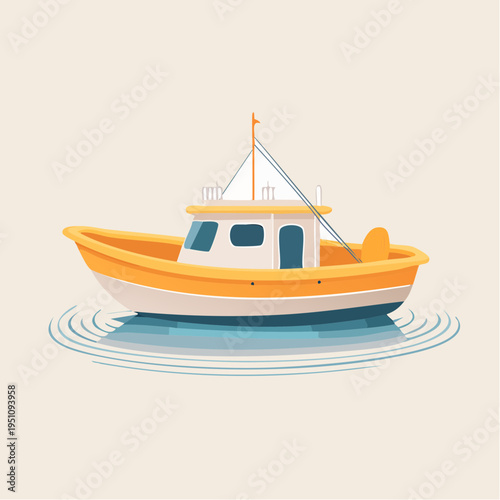 Charming cartoon fishing boat artwork, ideal for nautical and marine projects, depicting a small vessel peacefully adrift on rippling water