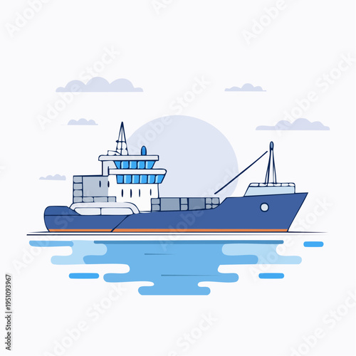 Cargo Ship Sailing on Water Under a Bright Sun and Clouds