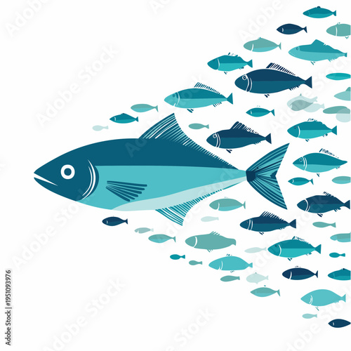 A striking illustration depicting a large fish guiding a synchronized school of smaller fish, symbolizing leadership and unity in a collective journey