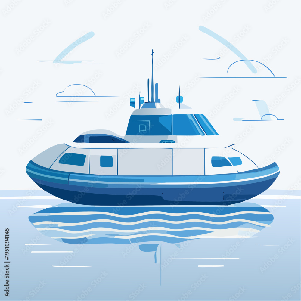 Naklejka premium Modern Hydrofoil Boat Sailing on Calm Water Under a Stylized Sky