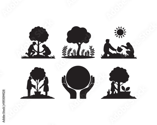 Six black silhouette depicting people planting trees watering plants and caring for the earth with a sun and hands holding a