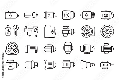 Obraz na płótnie Electric Motor And Industrial Machinery Outline Icon Set For Engineering Concept