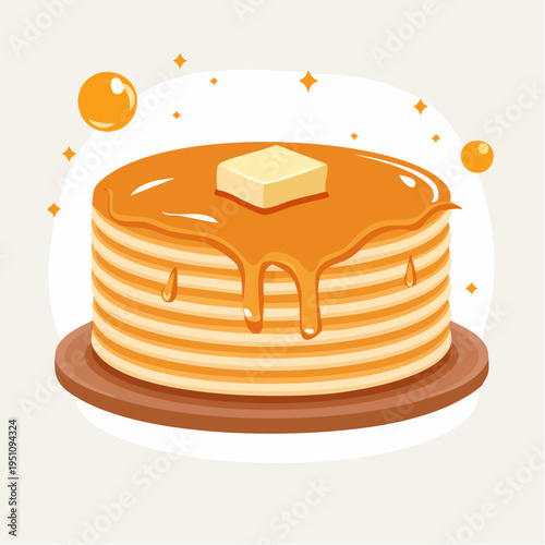 Delightful Cartoon Illustration of Fluffy Pancakes Drizzled with Golden Syrup and Melted Butter, Ideal Sweet Morning Meal