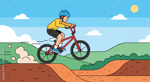 A person in a blue helmet rides a red bicycle downhill through a grassy landscape