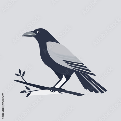 Minimalist vector illustration depicting a solitary crow gracefully perched on a tree branch