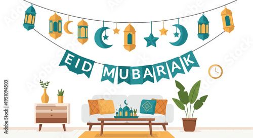 A festive living room setup with hanging lanterns, a celebratory banner, and decorative elements