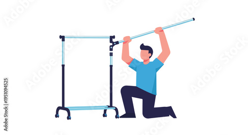 Man assembling portable clothing rack with wheels and adjustable height