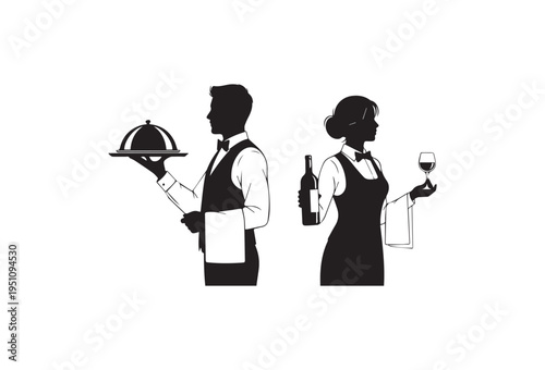 Waiter, waitress, restaurant staff, service crew, black silhouettes, flat design, vector icons