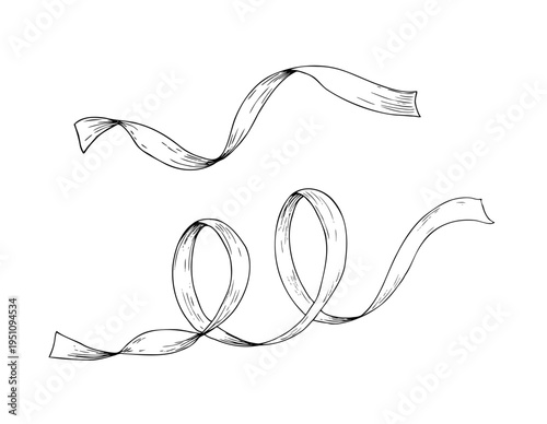 Vector set of long satin ribbons. Graphic festive gift, hand drawn illustration isolated on background. Botanical and wedding, baby clip art. For greeting card, wallpaper, wrapping paper design