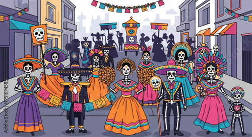 Skeletons in festive attire celebrate a vibrant street parade with colorful decor