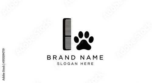 Elegant pet grooming logo featuring a comb and paw print for a modern brand.