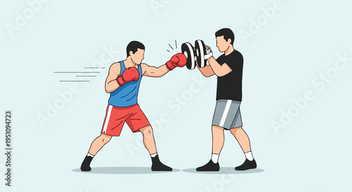 Two men engaged in a boxing training session, one throwing a punch at pads