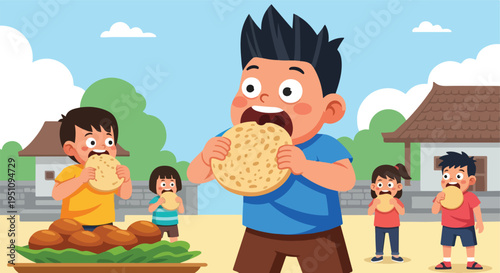Four excited children joyfully eat large, round flatbreads outdoors near houses