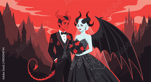 A demonic couple in formal wear stands before a gothic landscape under a red sky