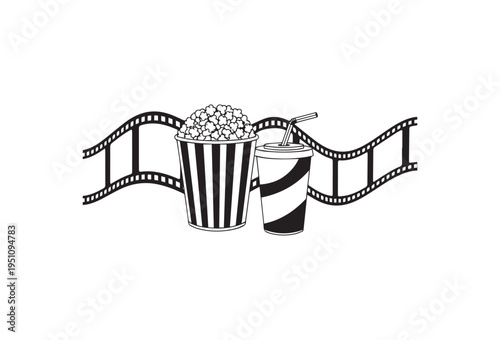 cinema icons, movie symbols, popcorn bucket, soda cup, film strip, black and white vector graphics
