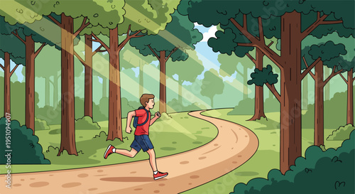 A young person jogs along a winding dirt path through a sunlit forest