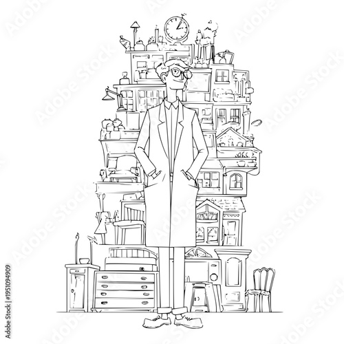 Man in long coat standing confidently in front of layered cityscape and office furniture illustration