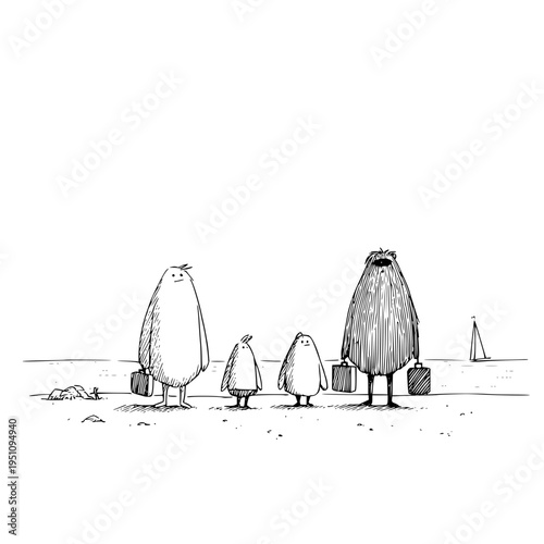A family of four anthropomorphic birds stand on a beach with suitcases looking out at the sea in a simple line drawing