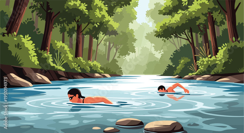 Two people swim in a clear, blue river surrounded by lush green trees