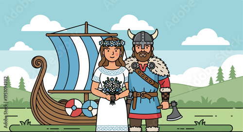 A Viking couple in traditional attire stands beside a longship, with a serene landscape behind them