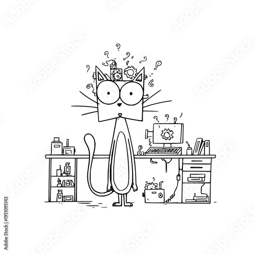 Confused cartoon cat with question marks standing in front of a cluttered office desk with computer and various office supplies in black and white illustration