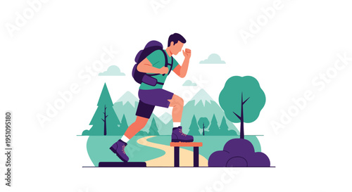 A man with a backpack hikes up a mountain path, surrounded by trees and peaks